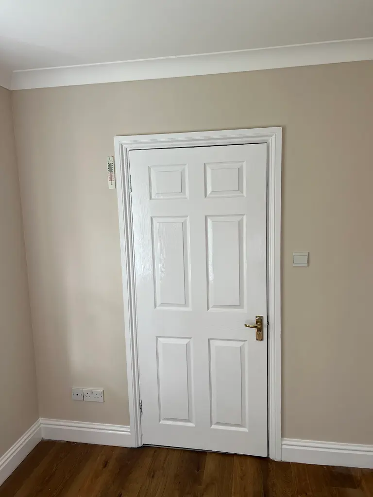 White interior door painting with smooth finish, professional decorating work