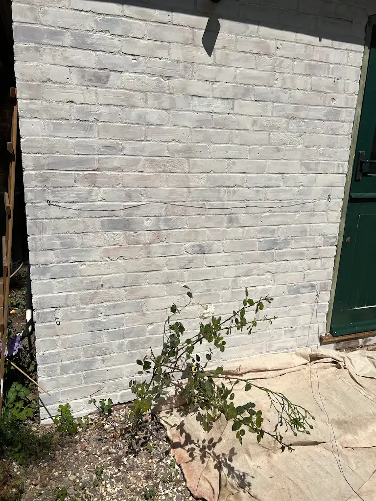 Painted exterior brick wall in light colour, neat and weather-resistant coating