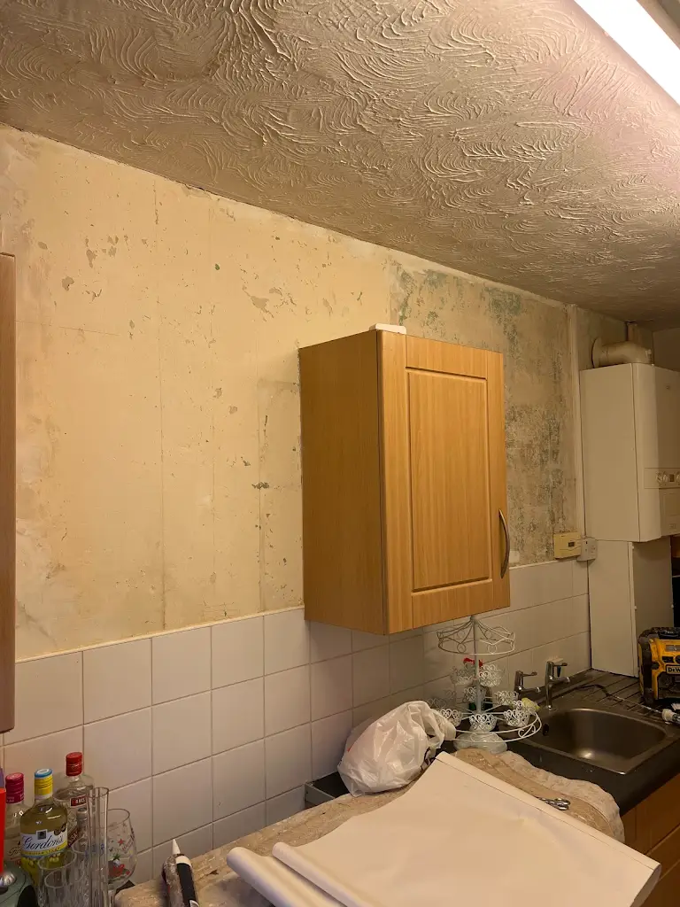 Newly painted kitchen wall with wooden cabinets and clean tiled backsplash