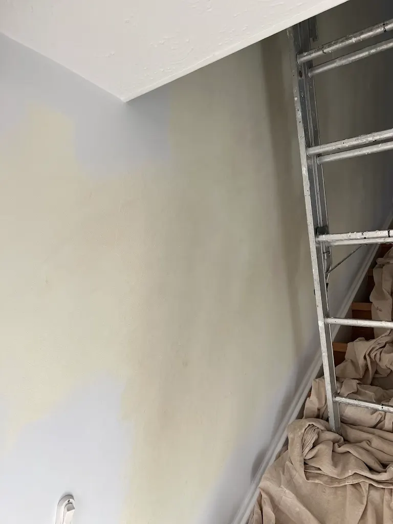 Interior renovation with wall painting and ladder setup in progress